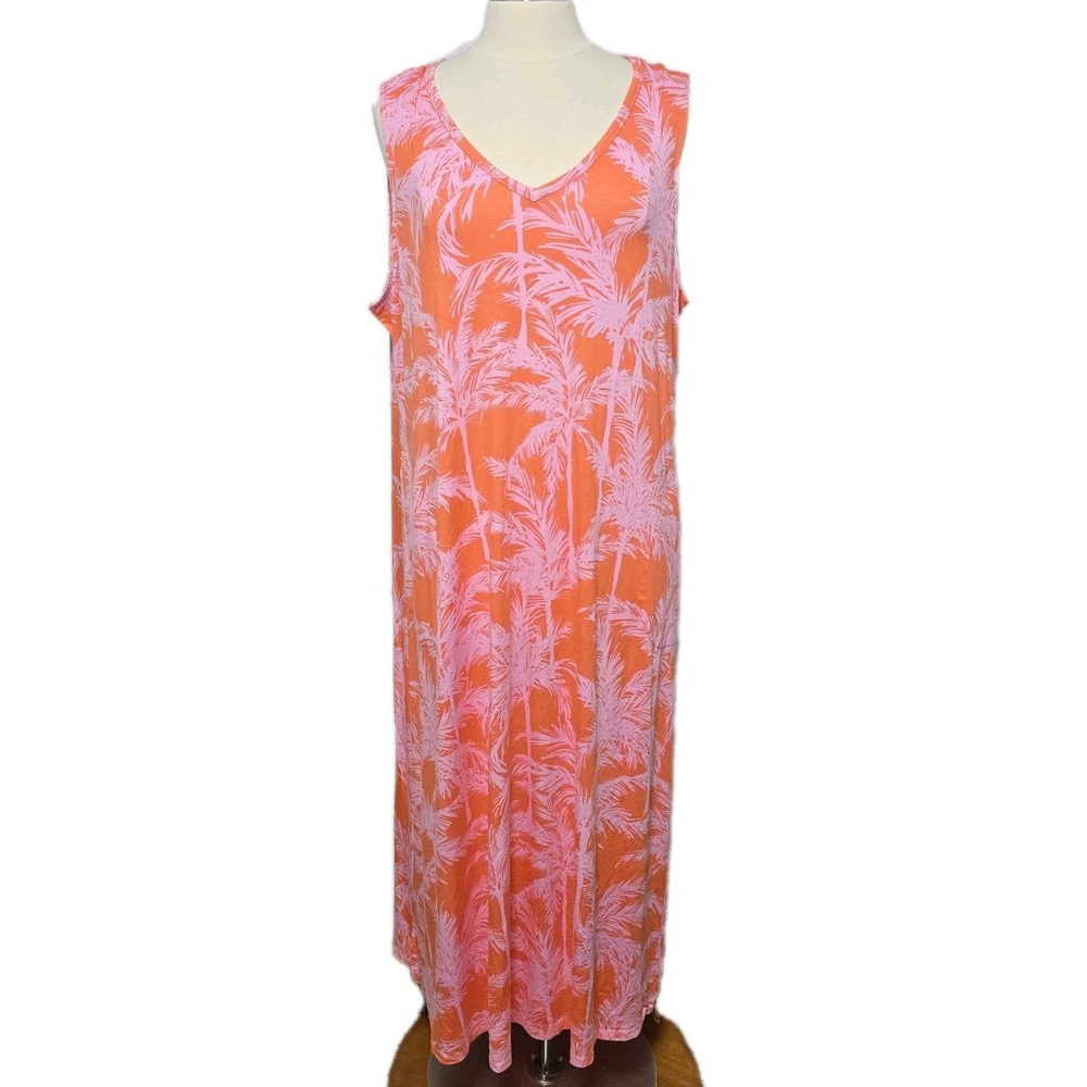 Belle Beach by Kim Gravel Sz 1X Summer Dress Coral Pink Palm Coastal Maxi Lounge